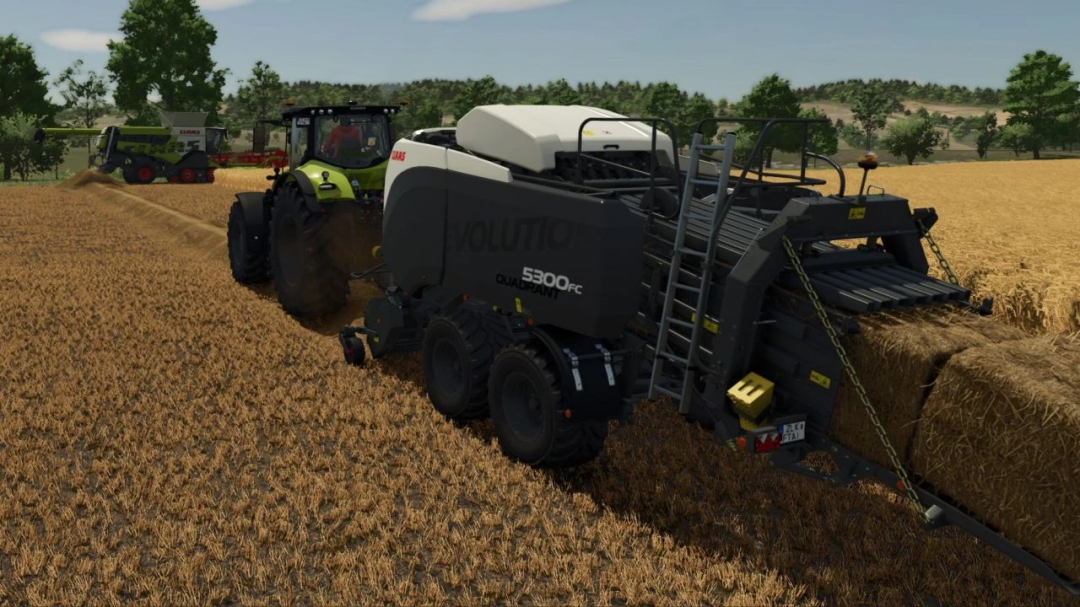 FS25 mod Claas Quadrant Evolution v1.0.0.0 baler in a field, showcasing Farming Simulator 25 gameplay.