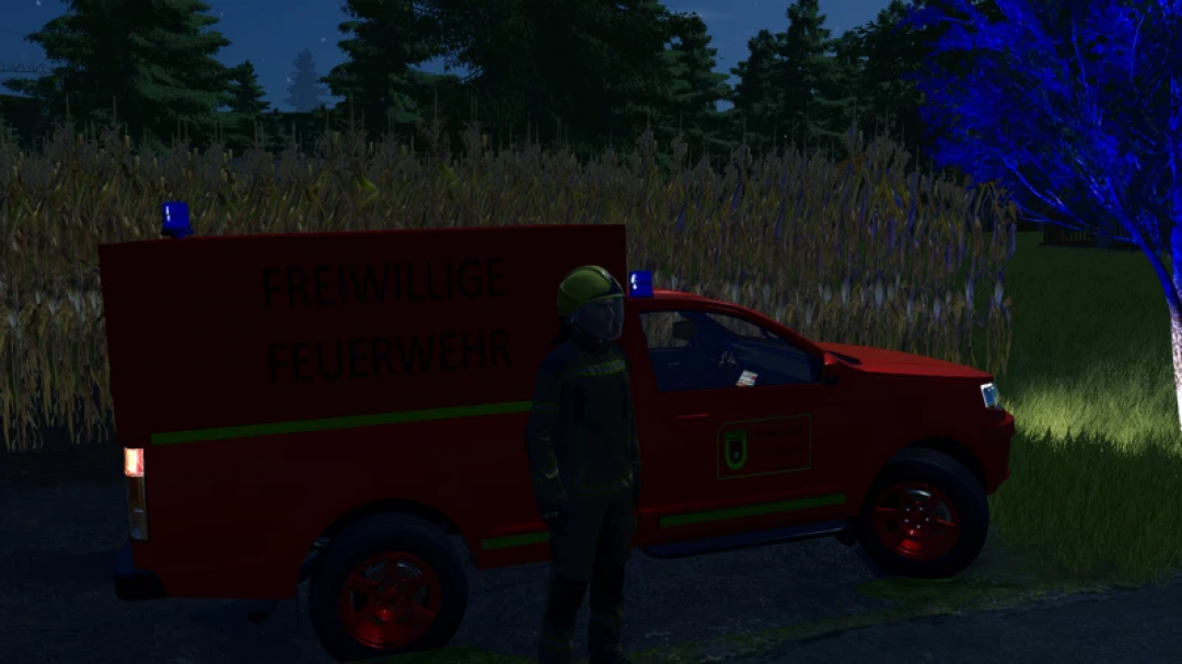 FS25 mods: Command vehicle KdoW in Farming Simulator 25, night scene with worker and red fire service truck.