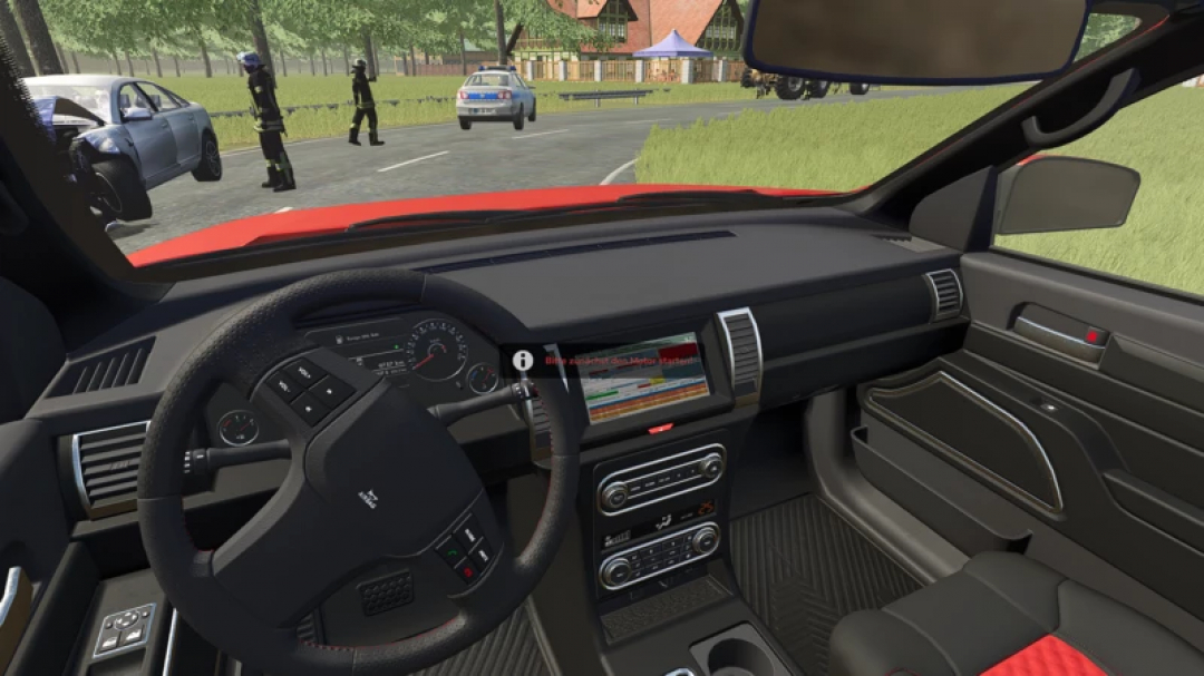 Interior view of Command vehicle KdoW mod in FS25, showing dashboard and steering wheel with emergency response scene outside.