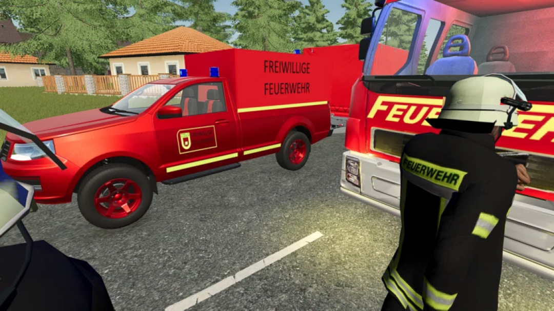 FS25 mod: Command vehicle KdoW v1.0.0.0 with red fire truck and firefighter scene.