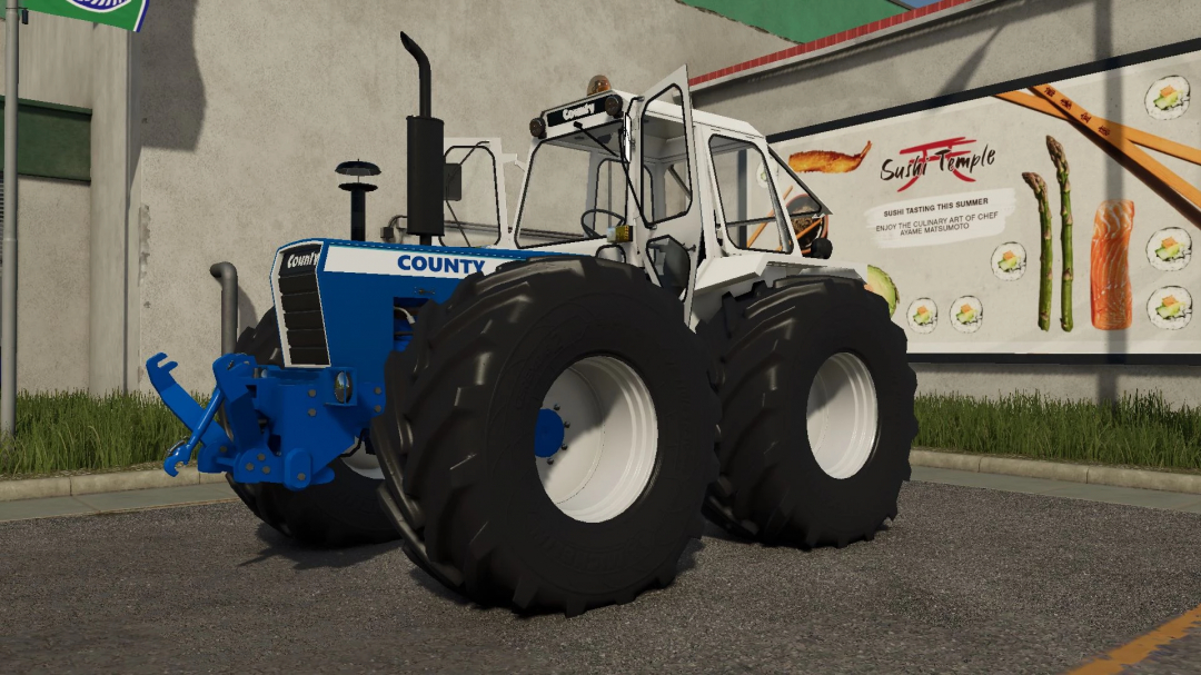 FS25 mod County 1184 TW tractor v1.0.0.0 parked near a wall with sushi advertisement, showcasing Farming Simulator 25 mods.