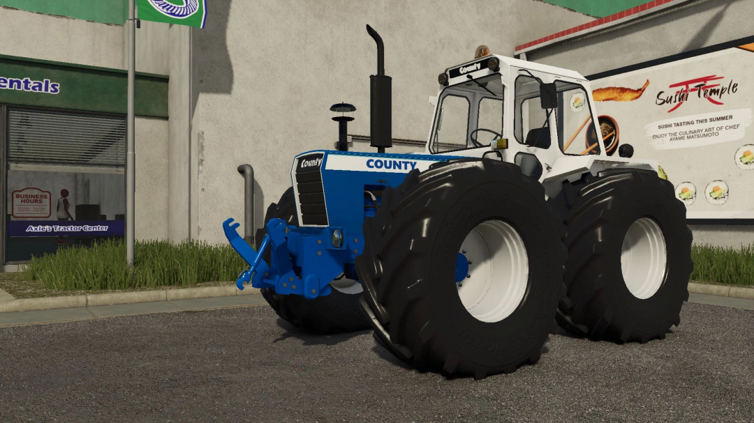 FS25 mod County 1184 TW tractor parked at Axle's Tractor Center in Farming Simulator 25.