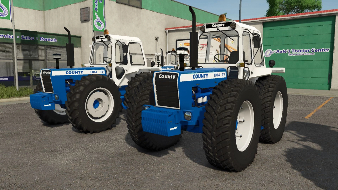 FS25 mods County 1184 TW tractors parked outside a dealership in Farming Simulator 25.