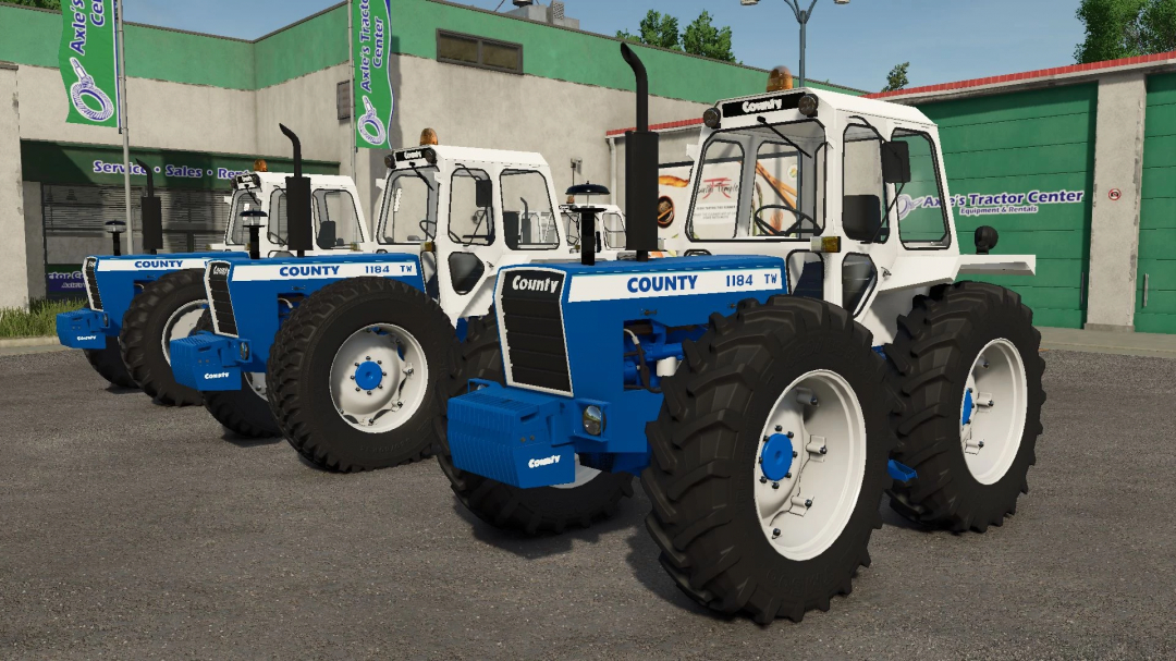 County 1184 TW tractors in FS25 mod, parked outside a tractor center.