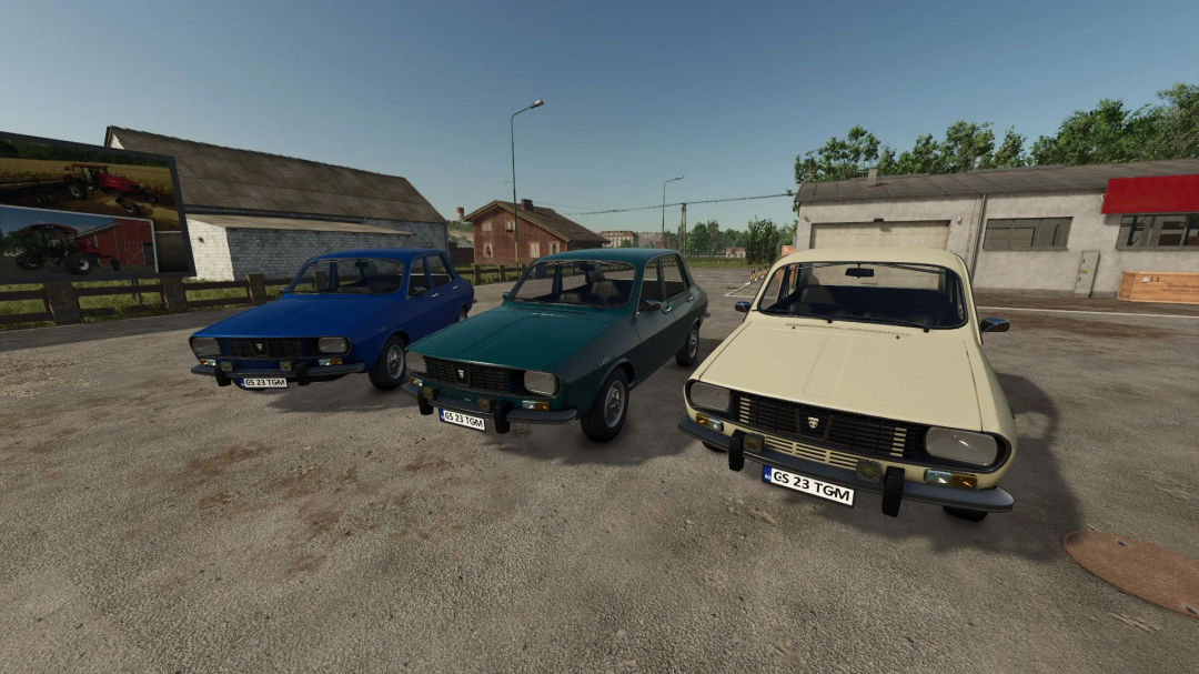 Three Dacia 1300 cars in different colors parked in Farming Simulator 25 mod scene. FS25 mods with vintage vehicles.