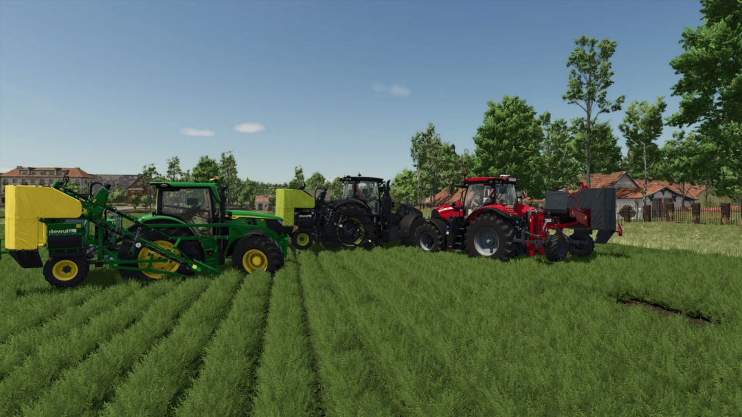 FS25 mods: Dewulf P3PLProfi and tractors in a field, showcasing configurable pallet capacity v1.0.0.0.