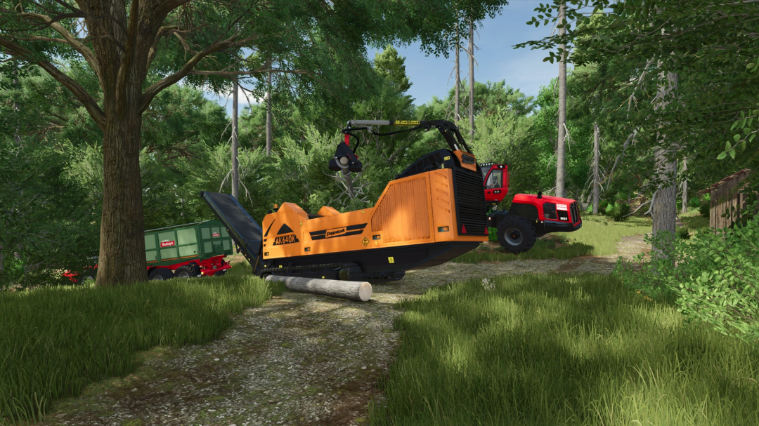 FS25 mod Doppstadt AK 640K v1.1.0.0 in a forest setting with machinery processing logs.