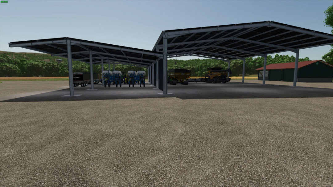 Easy Sheds Edit v1.0.0.0 mod in FS25 showing metal structures for storing farming equipment.