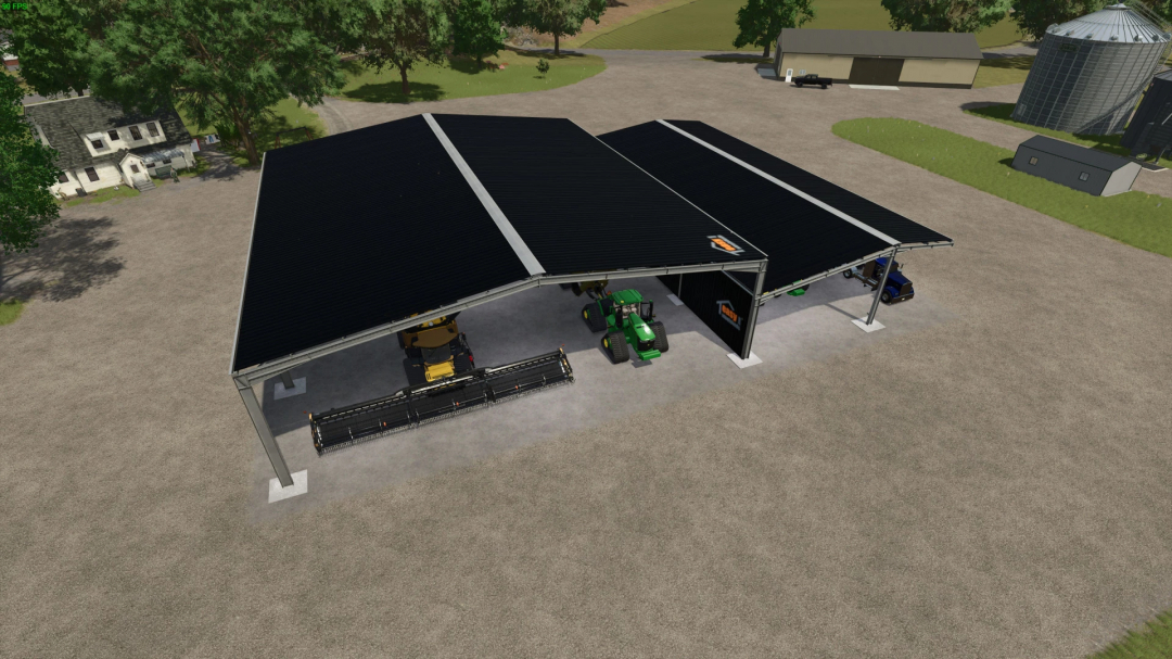 Easy Sheds Edit mod in FS25 shows large storage sheds with farming equipment inside, enhancing farm management.