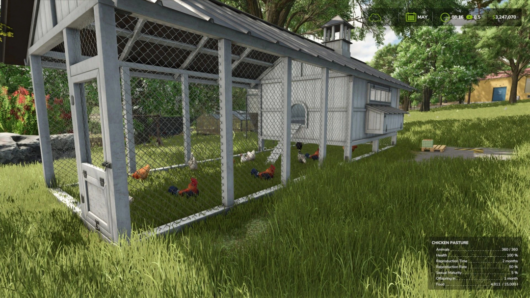 Eggs Box 360 v1.0.0.0 mod in FS25 showing a chicken pasture with chickens in a fenced area.