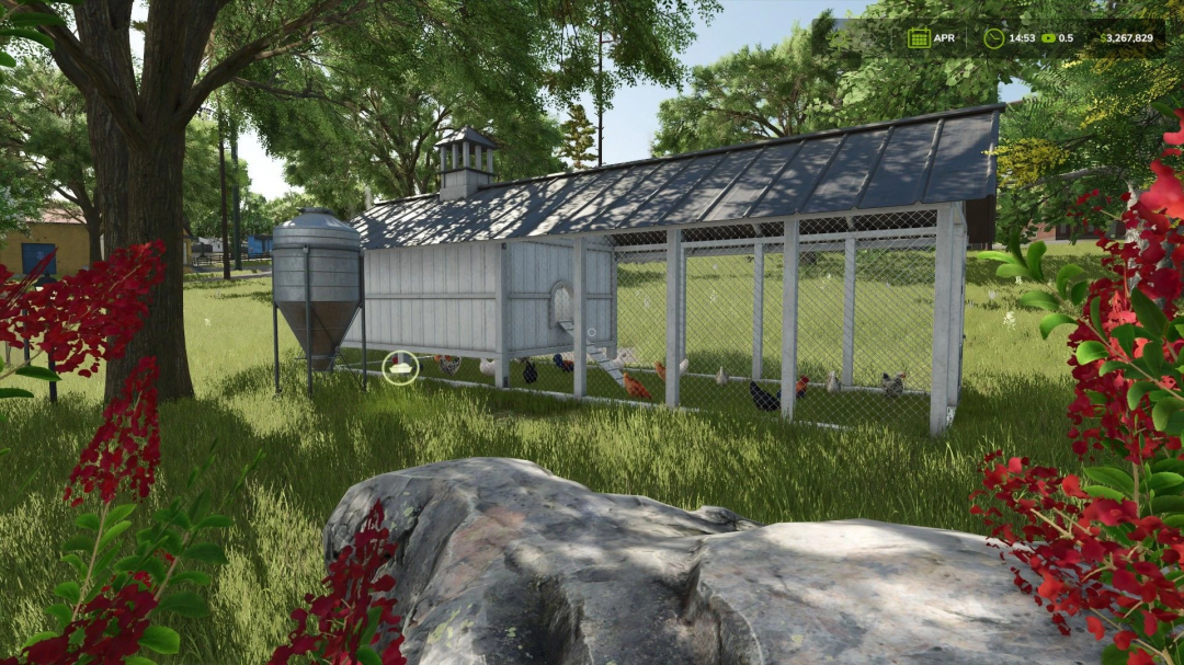 FS25 mod Eggs Box 360 v1.0.0.0 in a serene farm setting with chickens and trees.