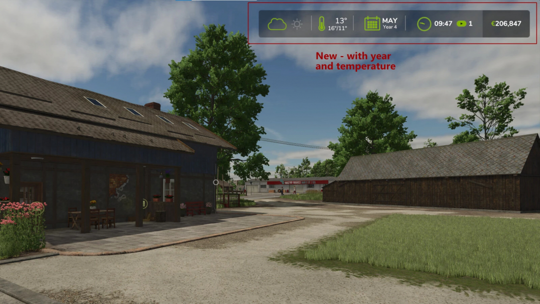 FS25 mod: Extended Game Infodisplay v1.0.0.0 shows weather, temperature, time, and finances in a farm setting.