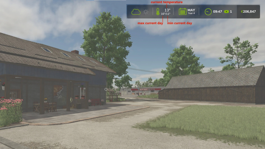 FS25 mod Extended Game Infodisplay v1.0.0.0 shows a barn with weather info and time, enhancing Farm Simulator 25 gameplay.