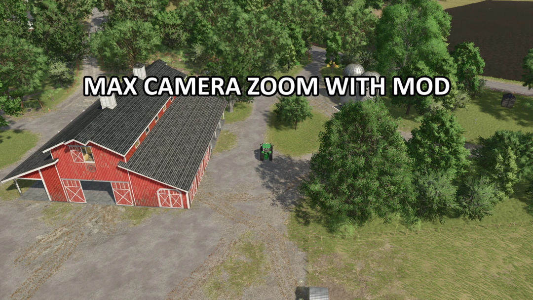 Extended Outdoor Camera Zoom mod for FS25 showing maximum zoom out over a red barn and tractor.