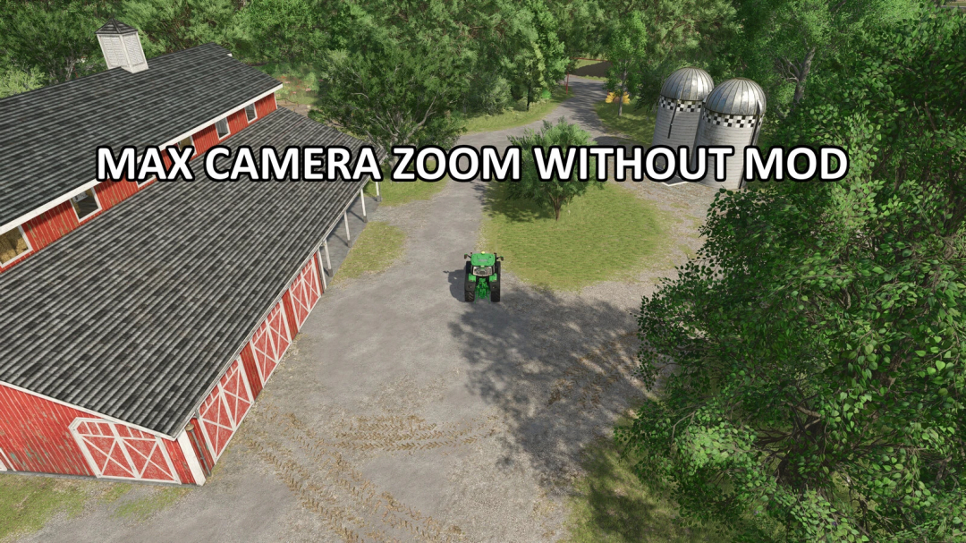 FS25 mods image showing max camera zoom without Extended Outdoor Camera Zoom mod, featuring a farm scene with tractor and barn.