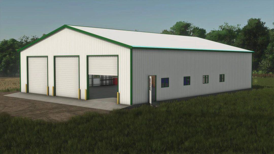 FS25 3 Bay Shop mod for Farming Simulator 25 showing a large white building with three garage doors.