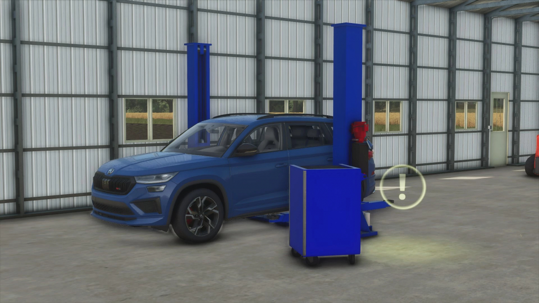 FS25 3 Bay Shop mod v1.0.0.0 showing a blue SUV in a garage with car lift in Farming Simulator 25.