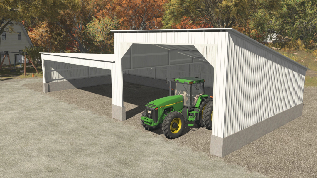 FS25 American Carport mod, featuring a large white structure housing a green tractor in Farming Simulator 25.