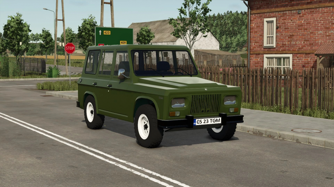 FS25 Aro 244 1972 mod, a green vintage SUV, parked on a road in Farming Simulator 25. Enhances vehicle options in FS25 mods.