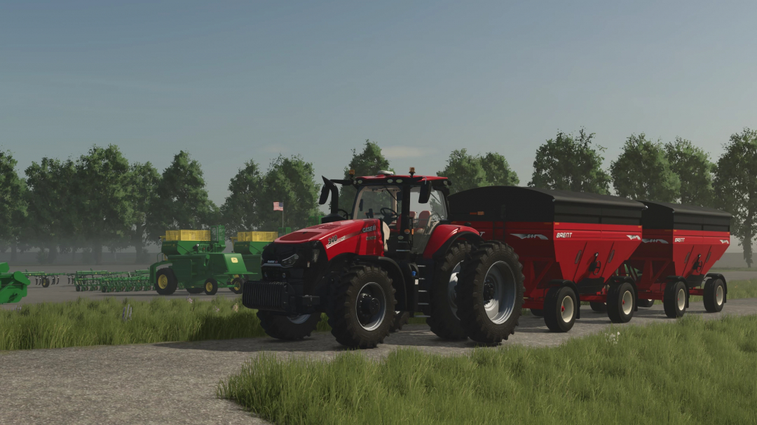 FS25 Brent 644 Gravity Wagon mod with red tractor and green equipment in Farming Simulator 25.