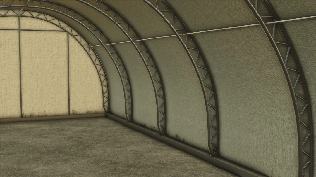 Interior of FS25 Fabric Hoop Shed mod showcasing metal arches for Farming Simulator 25.