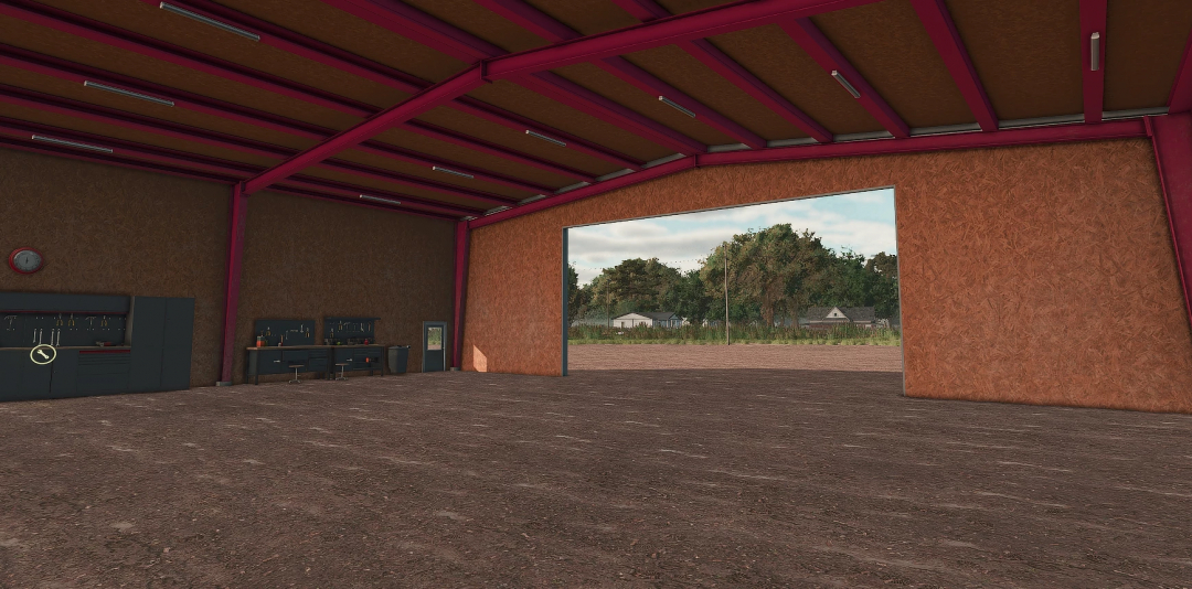 Interior of FS25 Field Rows Shop mod featuring a spacious workshop with tools and an open entrance overlooking fields.