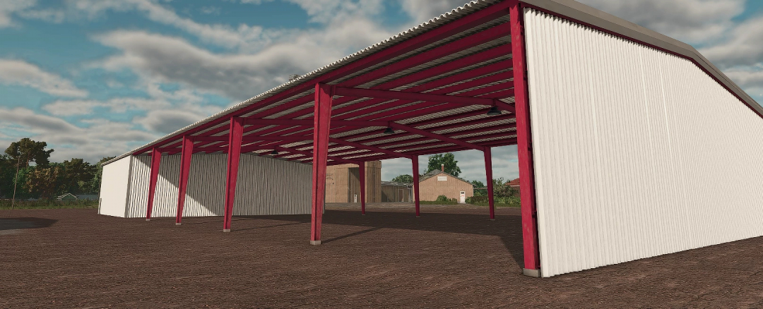 FS25 Field Rows Shop mod features a modern farm building with red beams and open-sided design for Farming Simulator 25.