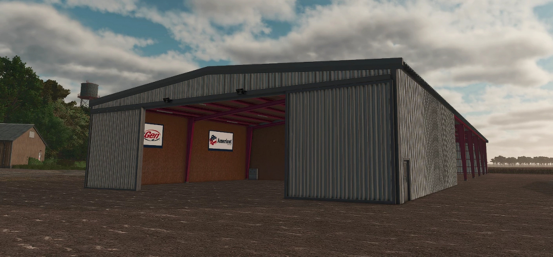 FS25 Field Rows Shop v1.0.0.0 mod image showing a large metal shed in a farm setting, enhancing gameplay in Farming Simulator 25.