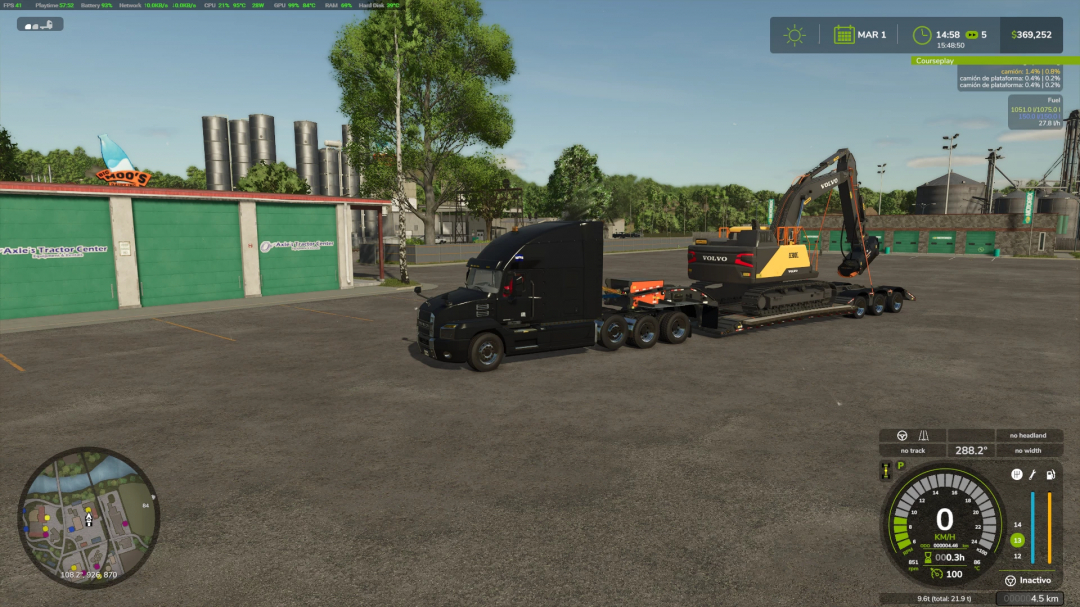 FS25 mod H550 Beavertail transporting a Volvo excavator near Axle’s Tractor Center in Farming Simulator 25.