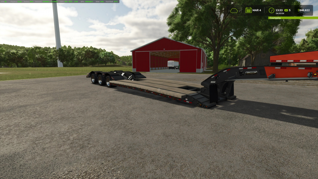 FS25 H550 Beavertail trailer mod in Farming Simulator 25, parked near a red barn.