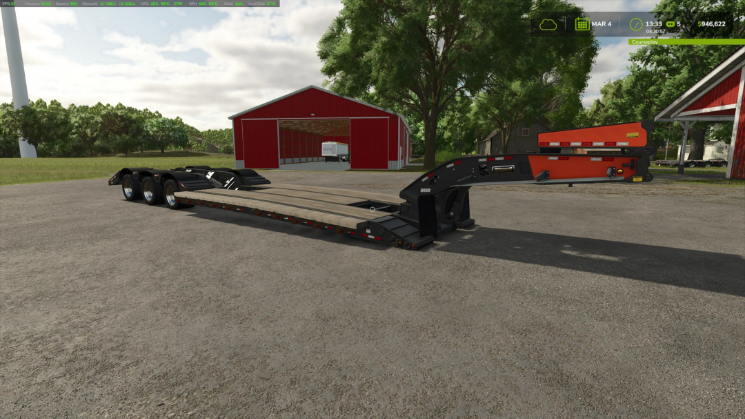 FS25 H550 Beavertail trailer mod near farm buildings, showcasing innovative design for Farming Simulator 25.