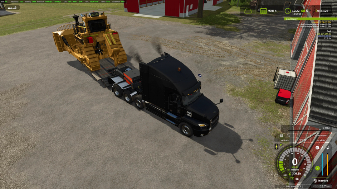 FS25 mod showcasing the H550 Beavertail trailer hauling heavy machinery in Farming Simulator 25.