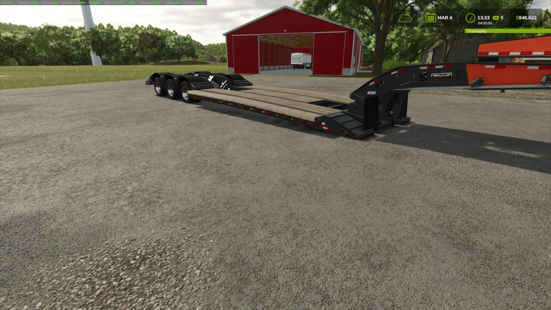 FS25 H550 Beavertail trailer mod in Farming Simulator 25, shown in front of a red barn.