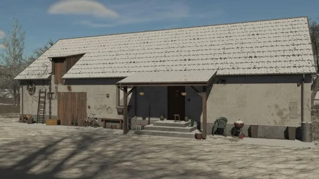 FS25 Polish Home mod showcasing a rustic farmhouse with a snow-covered roof in Farming Simulator 25.