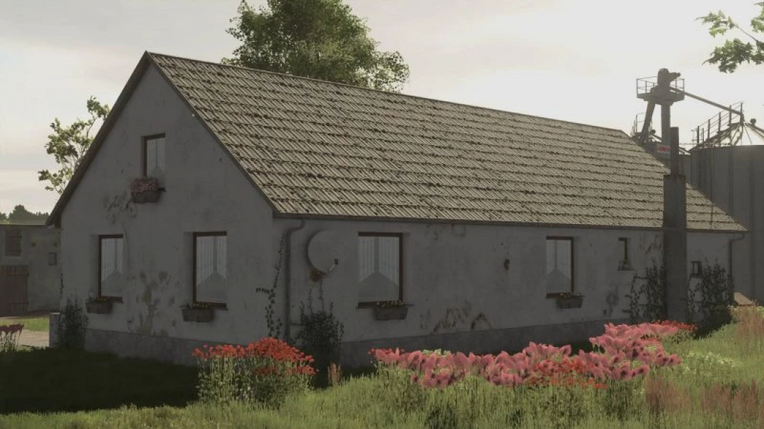 FS25 Polish Home mod featuring a traditional rural house with a gable roof and garden, set in Farming Simulator 25.