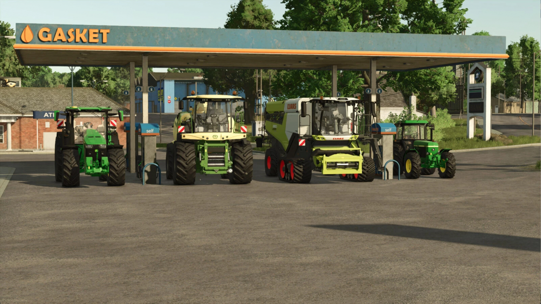 FS25 Realistic Refueling mod showing tractors refueling at a gas station in Farming Simulator 25.