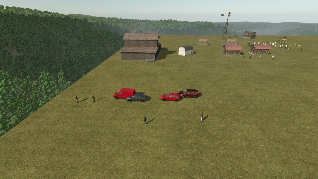 FS25 Sample Mod Map v1.0.0.0, showcasing vehicles and structures on a large open field with forests in Farming Simulator 25.