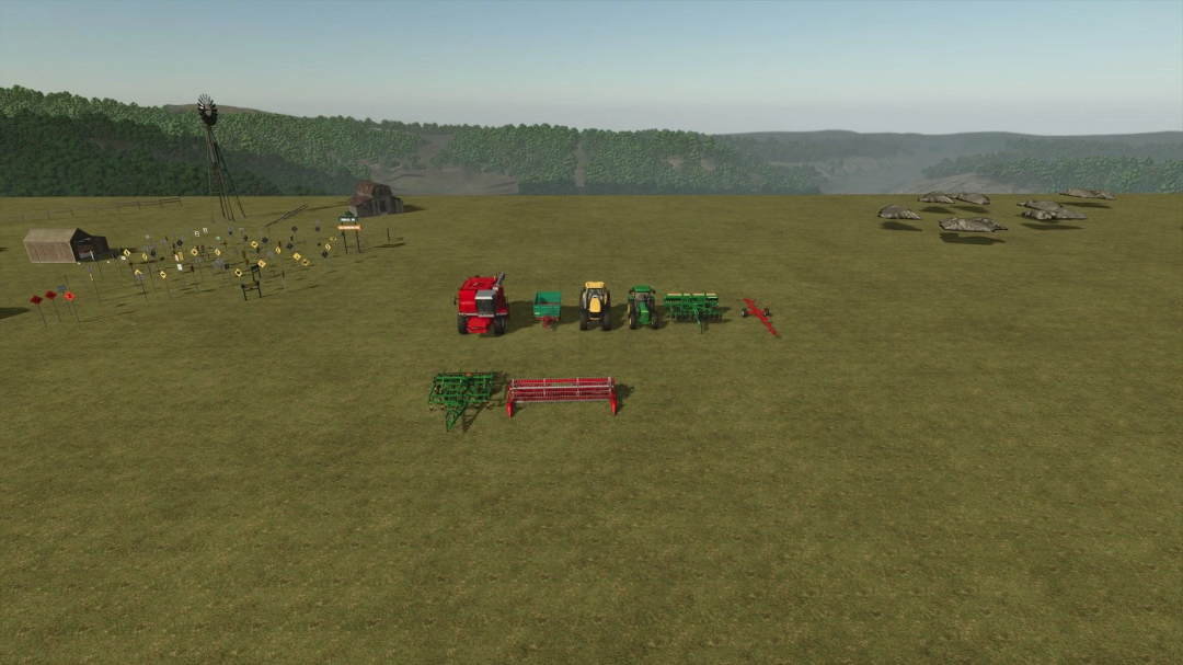 FS25 Sample Mod Map v1.0.0.0 showcasing farming equipment on an open field with trees and a barn in the background.