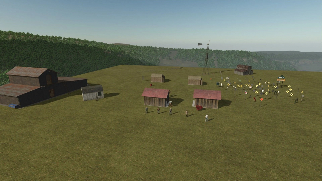 FS25 Sample Mod Map v1.0.0.0 showing rustic buildings on a wide field with scattered signs, surrounded by dense forests.