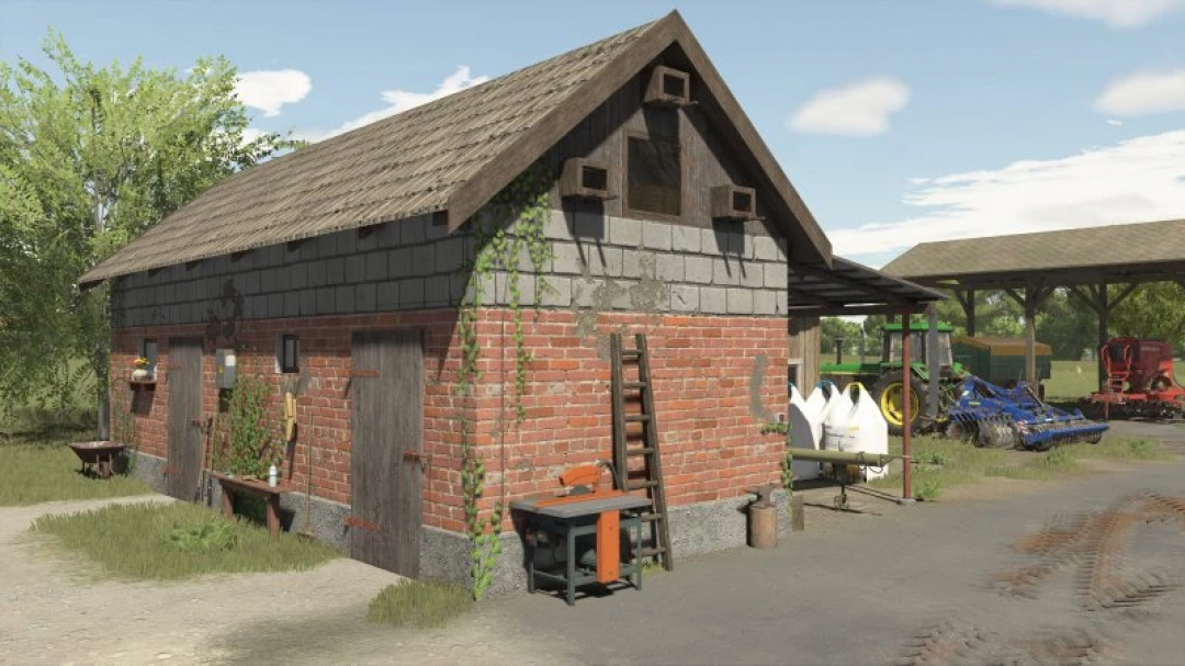 FS25 Shed v1.0.0.0 mod for Farming Simulator 25, featuring a rustic brick shed with wooden accents in a rural setting.