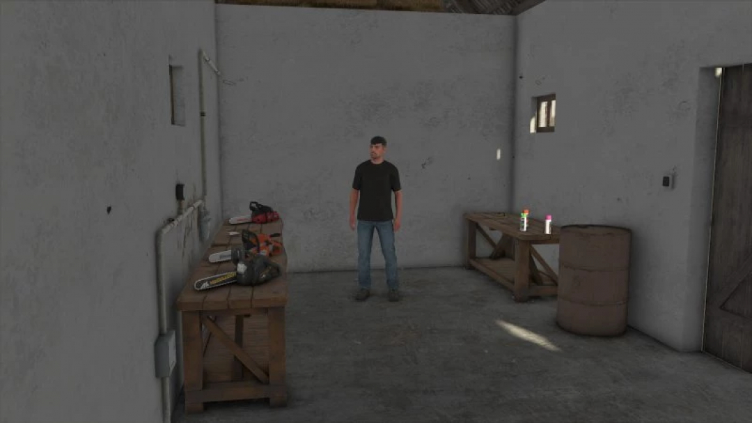 FS25 Shed v1.0.0.0 mod in Farming Simulator 25 showing interior with workbenches and tools.