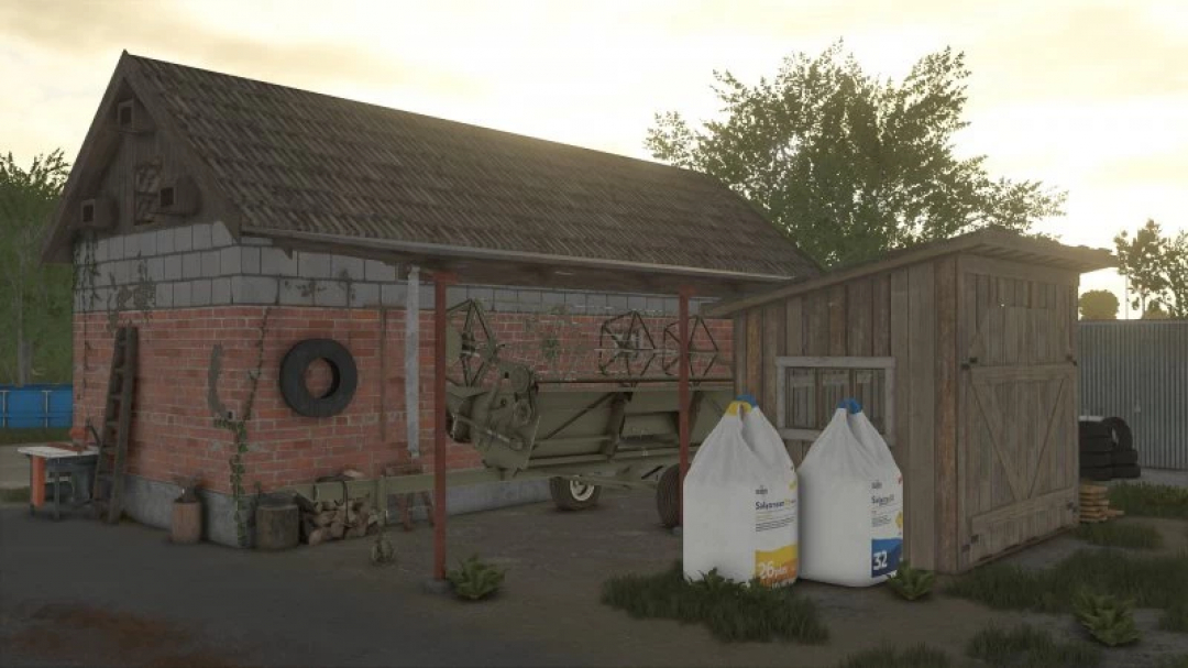 FS25 Shed mod v1.0.0.0 showcasing a rustic barn and storage area in Farming Simulator 25.