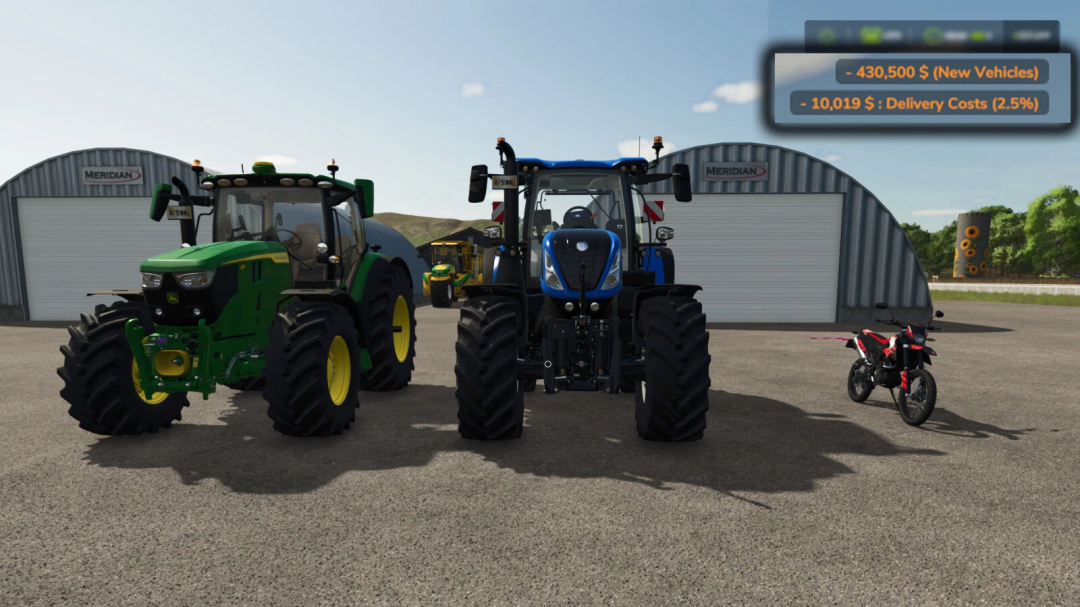 FS25 Store Deliveries mod: tractors and motorcycle near warehouse in Farming Simulator 25.