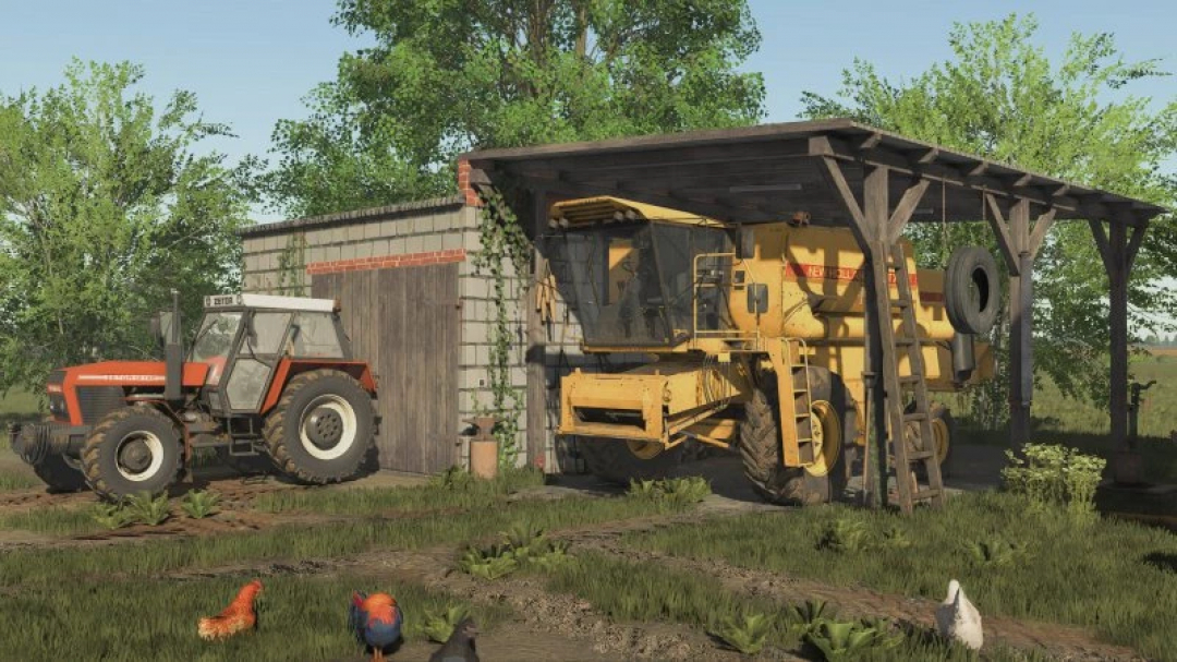 FS25 Workshop with Shed mod showing a tractor and harvester under a wooden structure, surrounded by grass and trees.