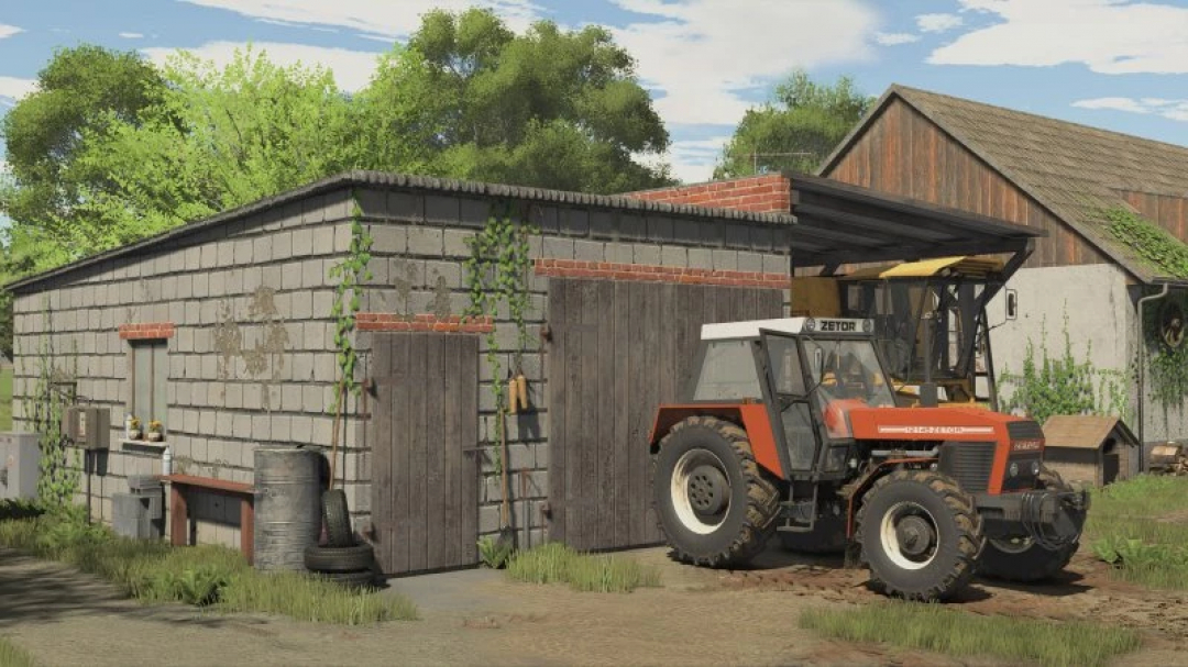 FS25 Workshop with Shed mod features a rustic shed with a tractor. Enhances farming experience in Farming Simulator 25.