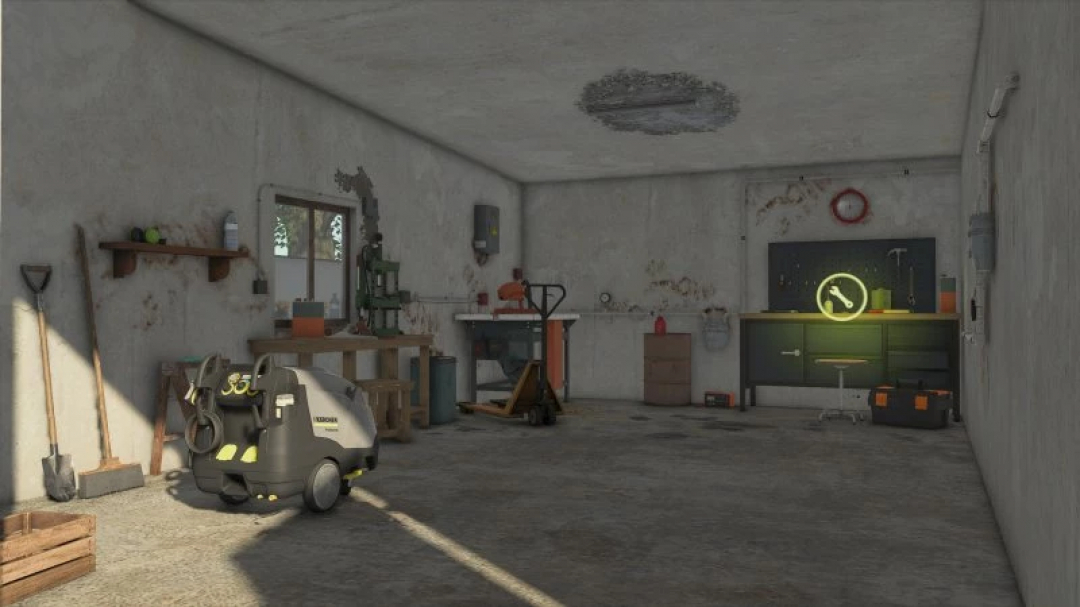 Interior of a workshop with tools and machinery, part of the FS25 Workshop with Shed mod for Farming Simulator 25.