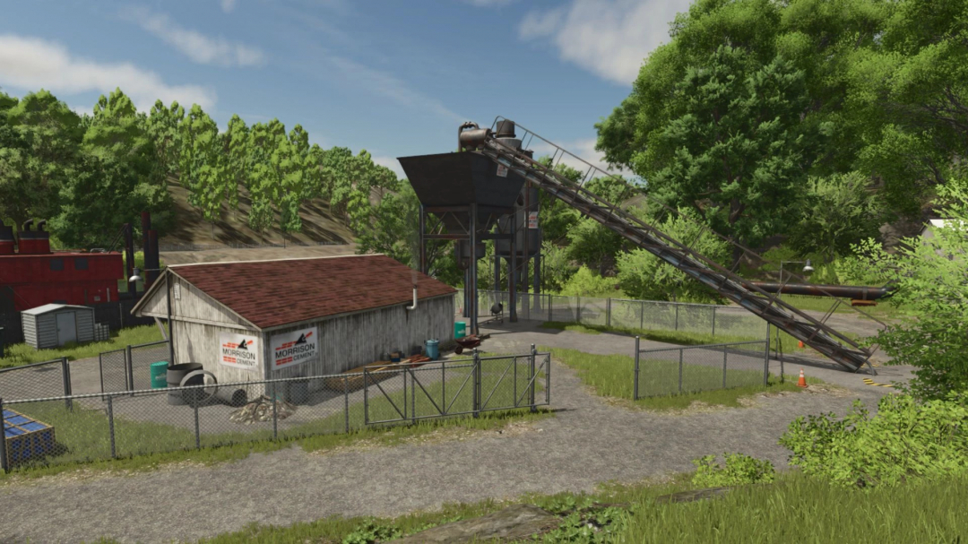 FS25 mods, Faster Cement Factory v1.0.0.0 with red-roofed building and machinery in a forest setting.