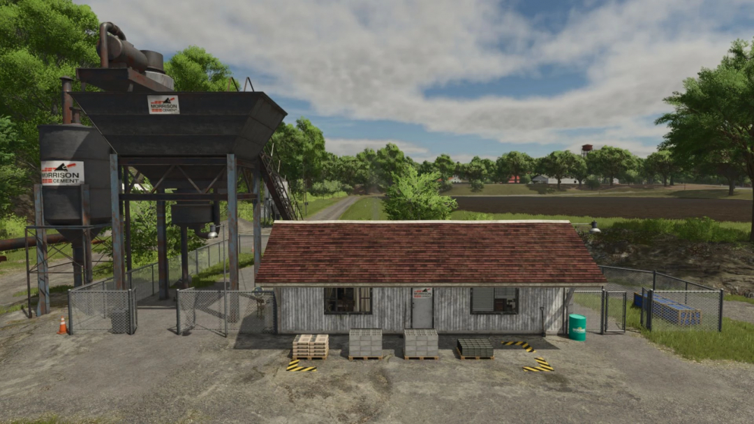 Faster Cement Factory mod in FS25 with warehouse and machinery in rural setting.