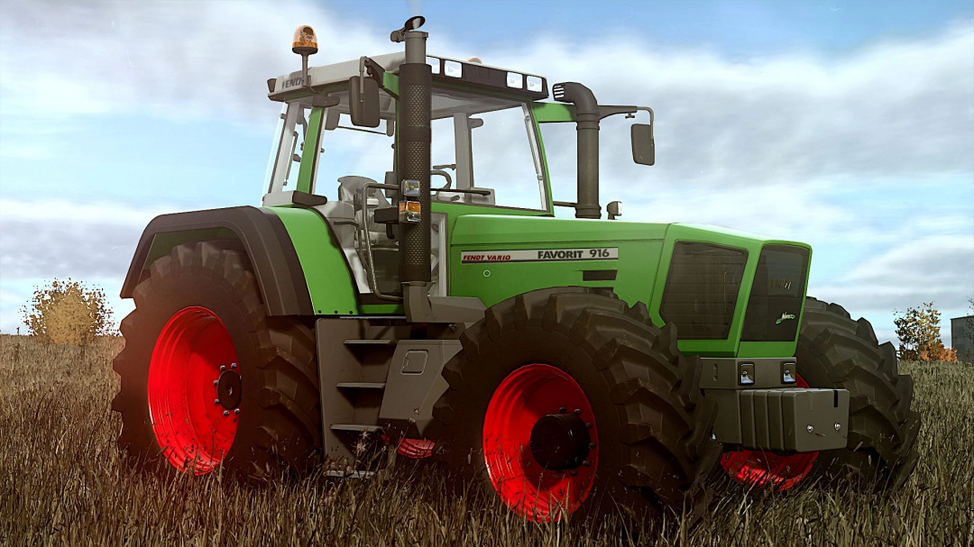 Fendt Favorit 900 Series tractor mod in FS25, featuring a green body and large tires on a grassy field.