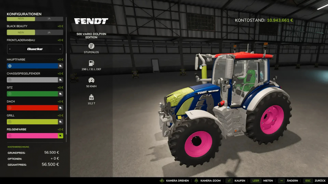 Fendt Vario 500 Dolphin Edition tractor in FS25 mods with customizable color options in a virtual garage.